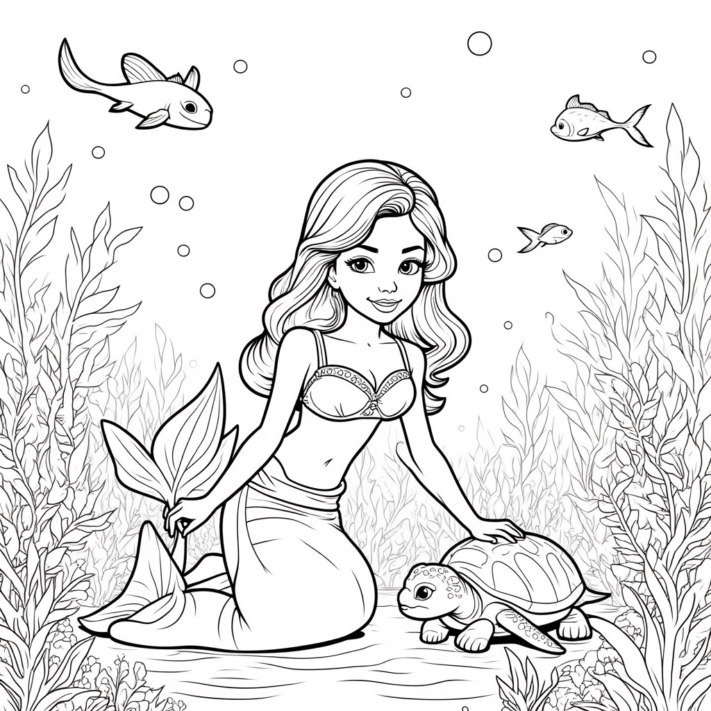 Baby Mermaid Playing with Sea Turtles 