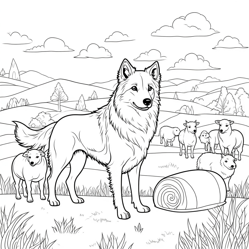 Collie on A Farm with Fluffy Sheep