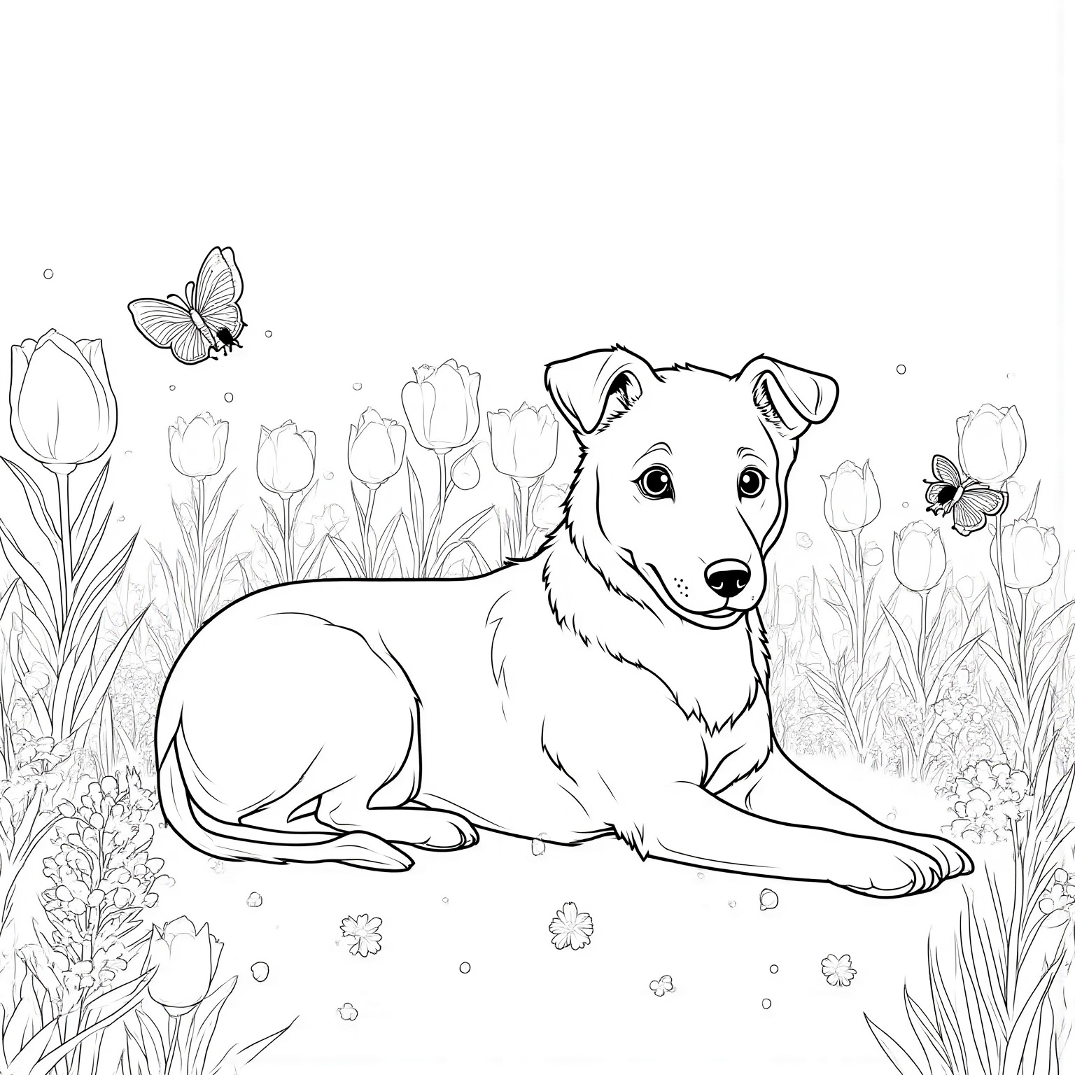 Dog Relaxing in A Flower Garden