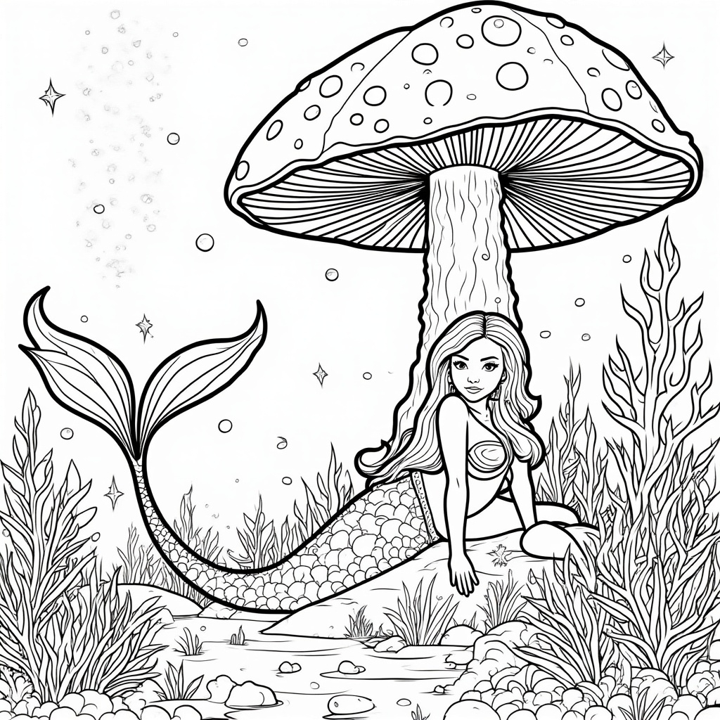 Mermaid Resting Under a Giant Mushroom Coral 