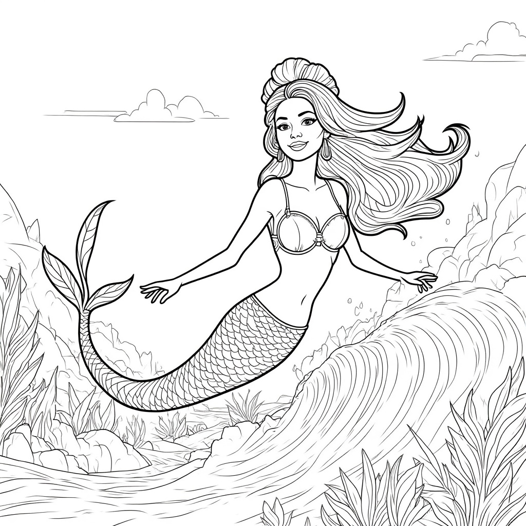 Mermaid Riding a Wave with Surf Pose 