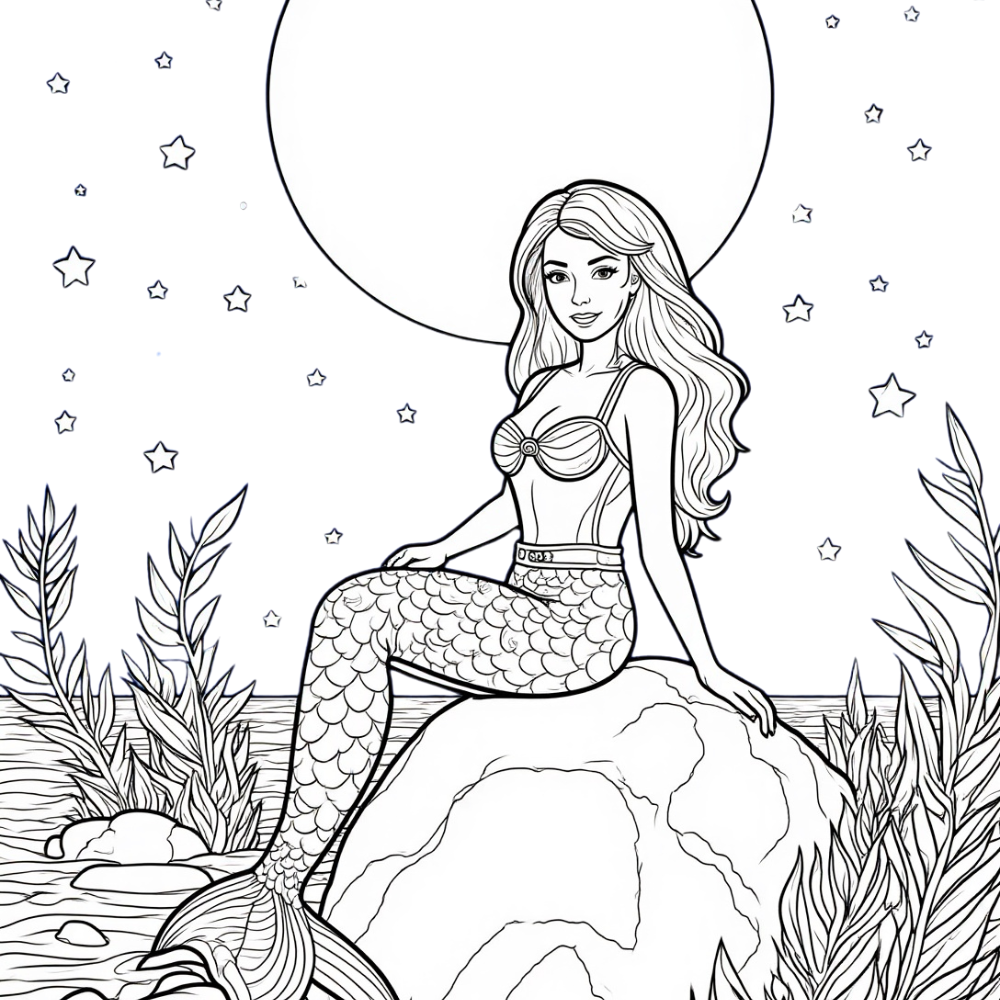 Mermaid Sitting on a Rock Under a Full Moon