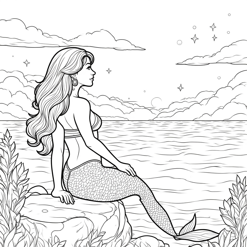 Mermaid Watching a Sunrise Above Water 