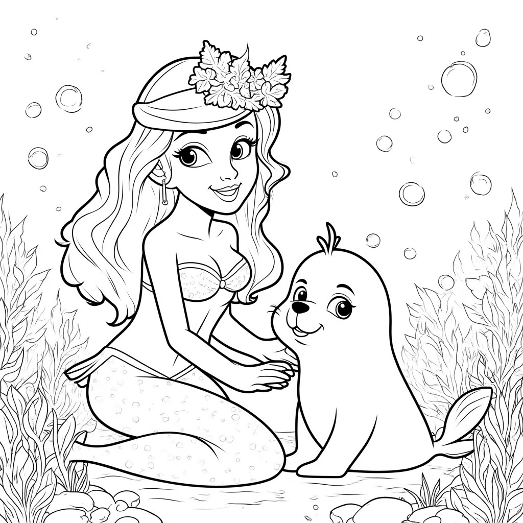 Mermaid and Baby Seal Playing Together