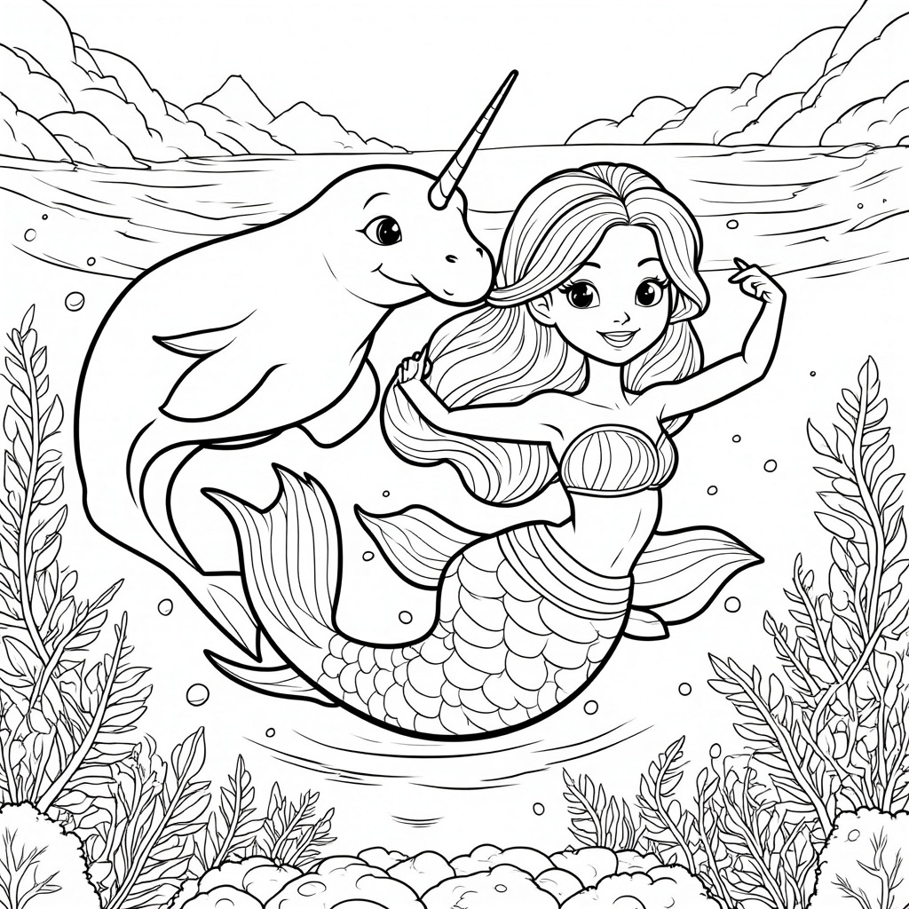 Mermaid and Narwhal Swimming Side by Side 