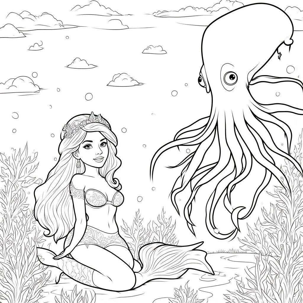 Mermaid and a Giant Squid Encounter