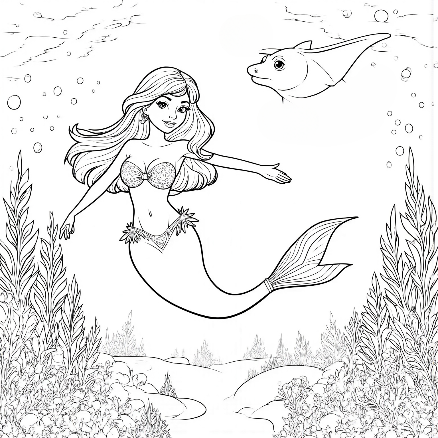 Mermaid and a Manta Ray Swimming Together