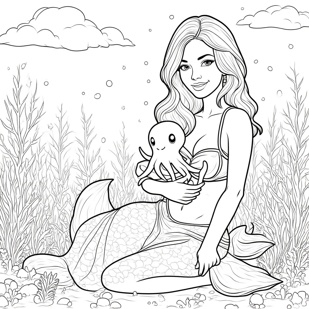 Mermaid with a Baby Octopus Hugging Her