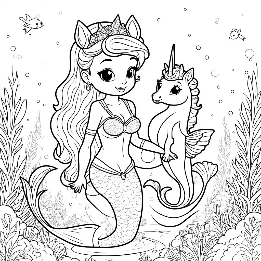 Mermaid with a Unicorn-Style Seahorse 