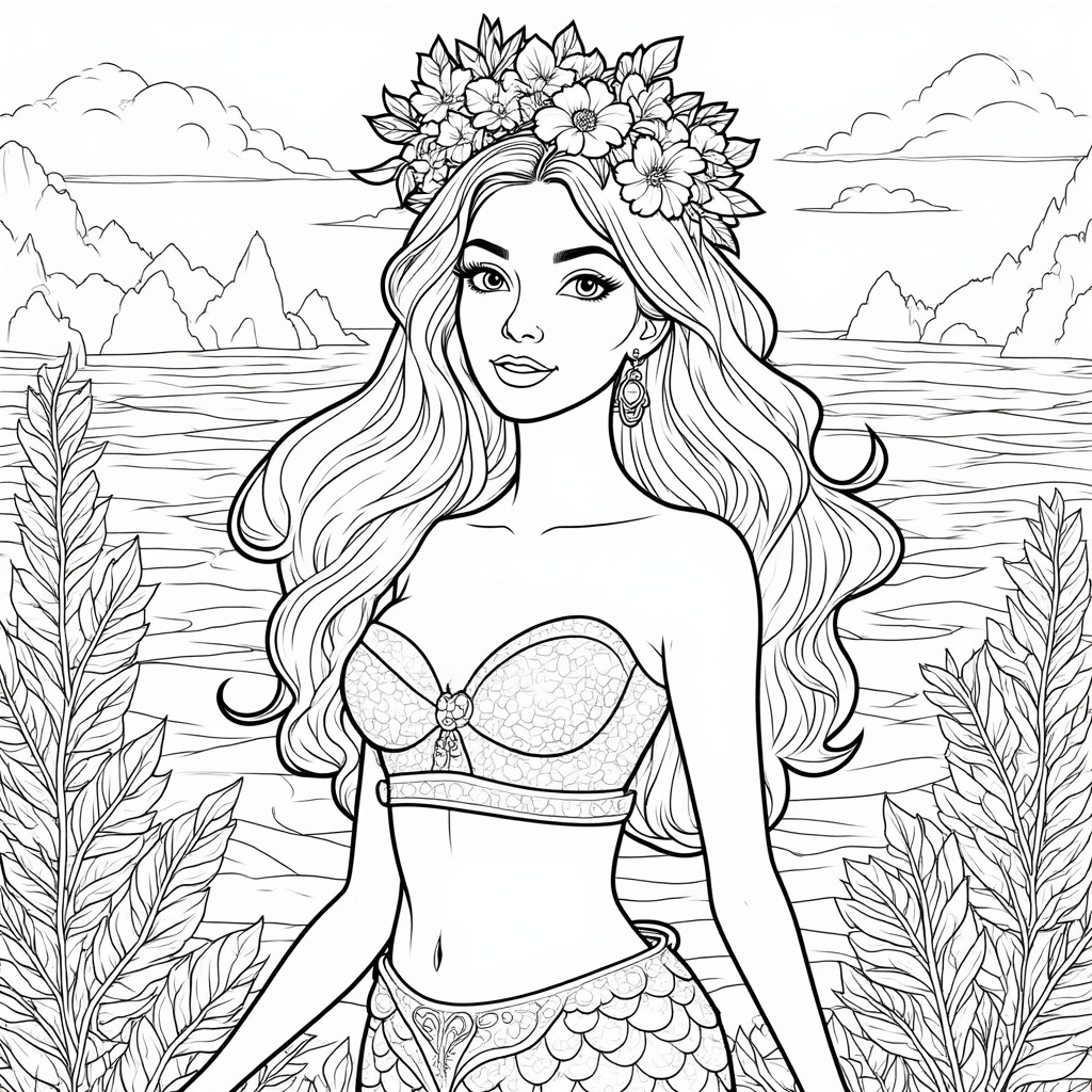 Mermaid with a Wreath of Flowers in Hair 