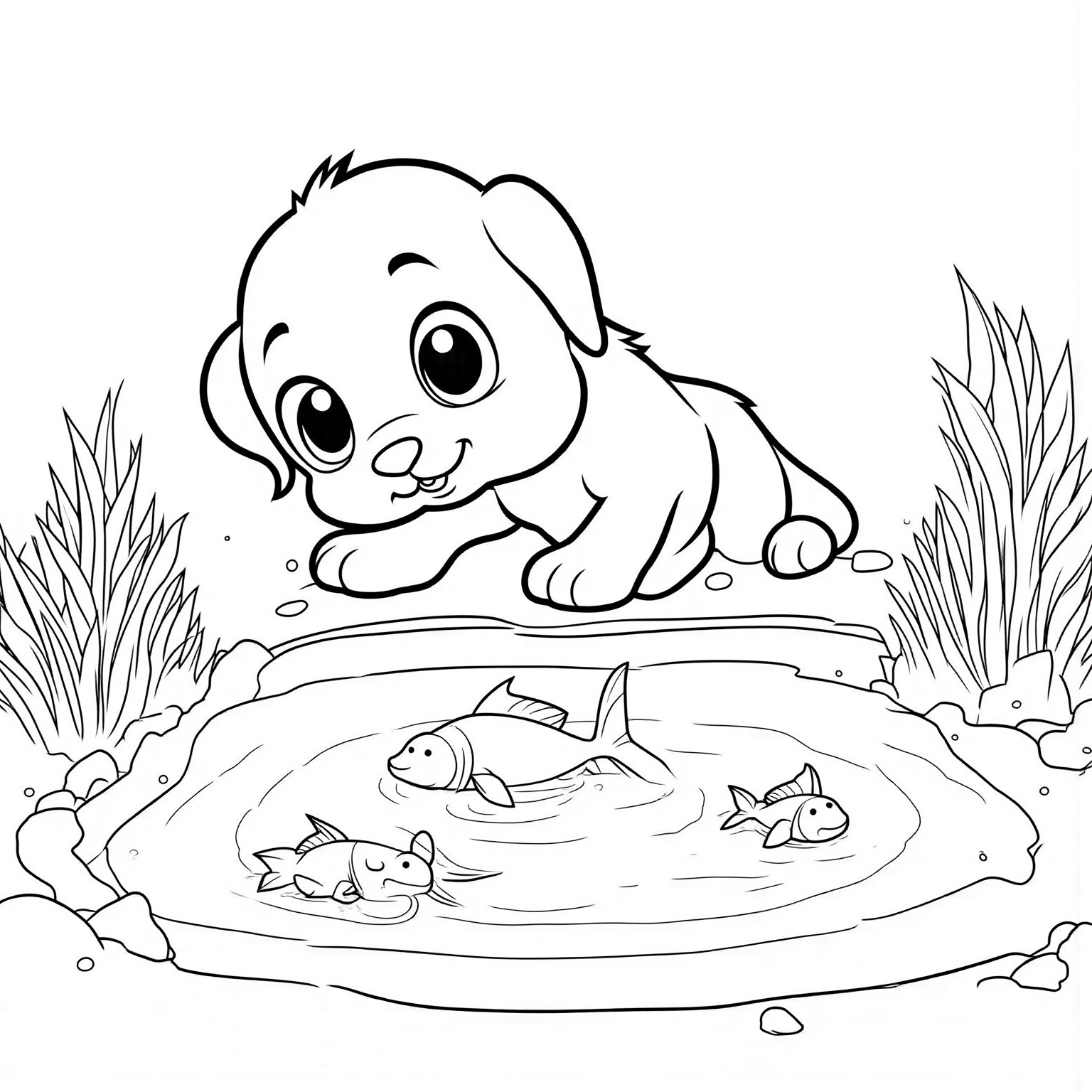 Puppy Watching Fish in A Pond