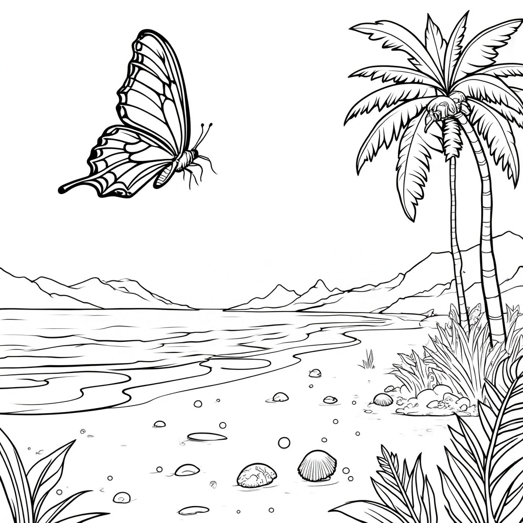 Summer Beach Scene with Butterflies